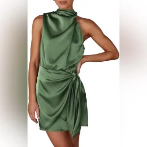 PRETTYGARDEN Short Formal Satin Dress Mock Neck Tie Waist Cocktail Party Dress