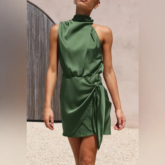 PRETTYGARDEN Short Formal Satin Dress Mock Neck Tie Waist Cocktail Party Dress