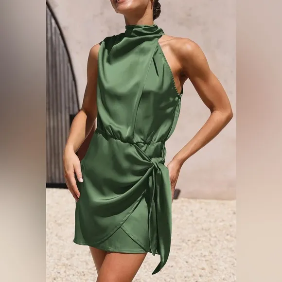 PRETTYGARDEN Short Formal Satin Dress Mock Neck Tie Waist Cocktail Party Dress