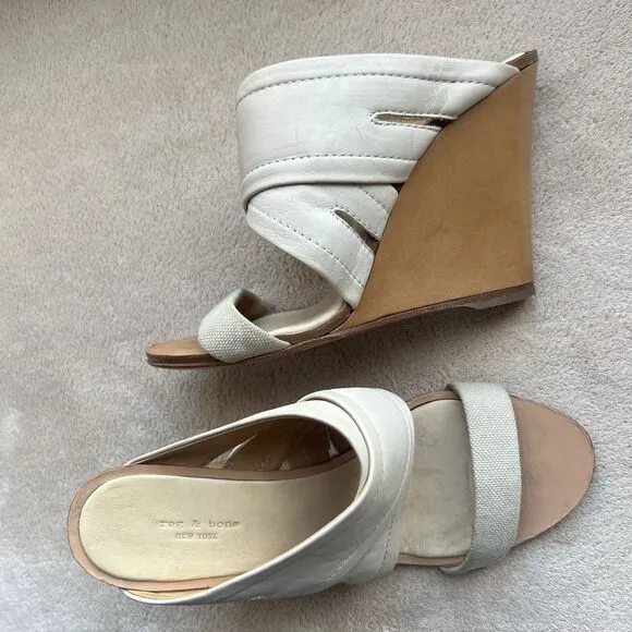 Rag &amp; Bone Bone Leather &amp; Canvas Wedge Wood Heel Sandals Women EU 36 US 5.5 - 6