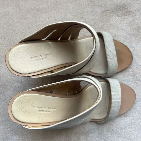 Rag &amp; Bone Bone Leather &amp; Canvas Wedge Wood Heel Sandals Women EU 36 US 5.5 - 6
