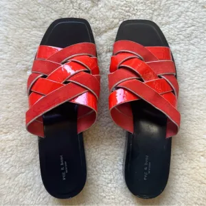 Rag &amp; Bone Hartley Flat Sandals Sz 37 Women’s Red Slides Leather Suede Strappy