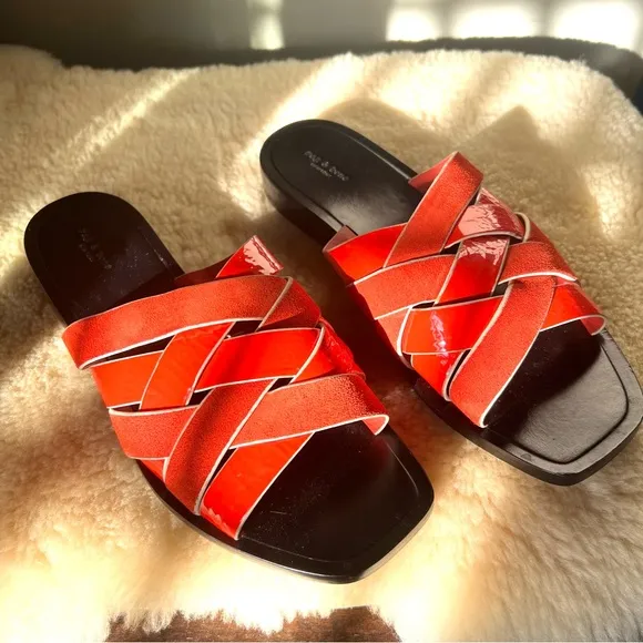 Rag &amp; Bone Hartley Flat Sandals Sz 37 Women’s Red Slides Leather Suede Strappy