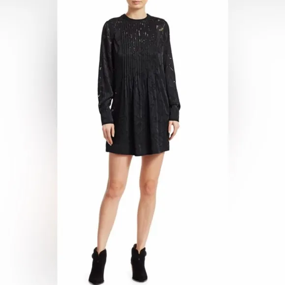 Rag &amp; Bone Rubie Silk Burnout  Popover Relaxed Fit Mini Dress Black, Sz Med