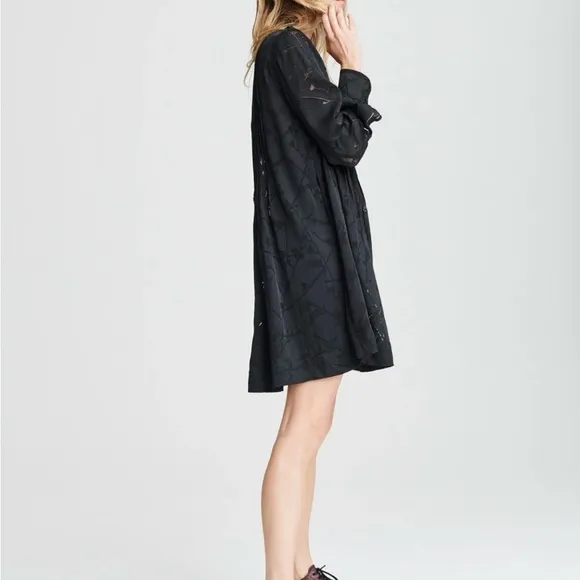 Rag &amp; Bone Rubie Silk Burnout  Popover Relaxed Fit Mini Dress Black, Sz Med
