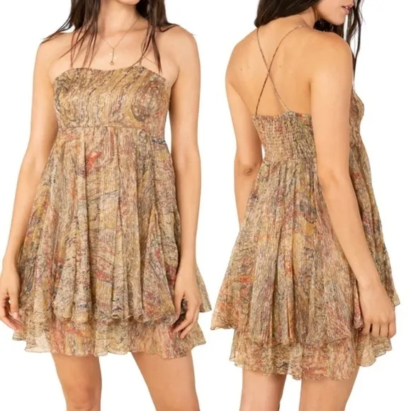 Raga Cross Back Mini Dress in Golden Haze Metallic Crepe Ruffle Mocha Mousse NWT