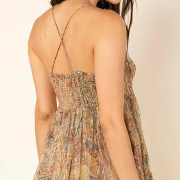 Raga Cross Back Mini Dress in Golden Haze Metallic Crepe Ruffle Mocha Mousse NWT