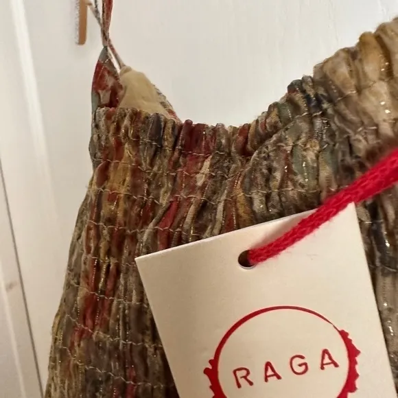 Raga Cross Back Mini Dress in Golden Haze Metallic Crepe Ruffle Mocha Mousse NWT
