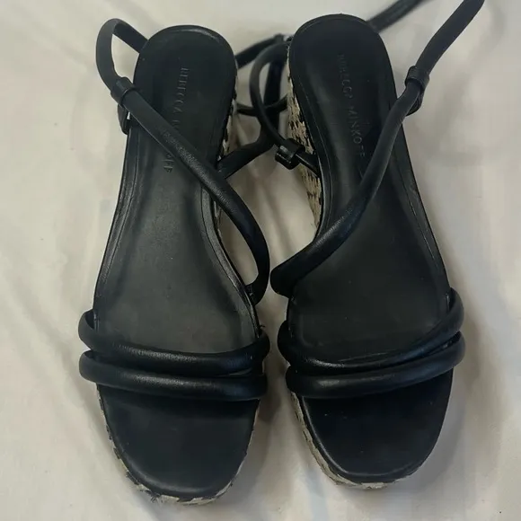 REBECCA MINKOFF Black Platform Jute Wrapped Strap Ankle Strap Josefia Wedge 8.5