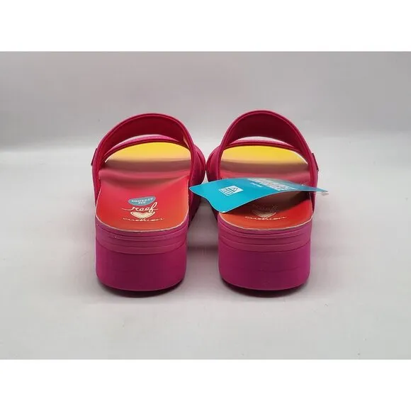 REEF Banded Horizon Hi Platform Slip On Cushion Comfort Slide Sandal Pink Size 6