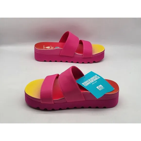 REEF Banded Horizon Hi Platform Slip On Cushion Comfort Slide Sandal Pink Size 6