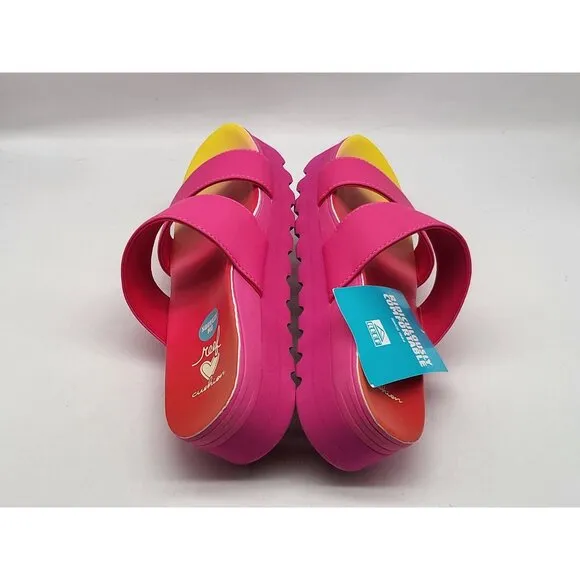 REEF Banded Horizon Hi Platform Slip On Cushion Comfort Slide Sandal Pink Size 6