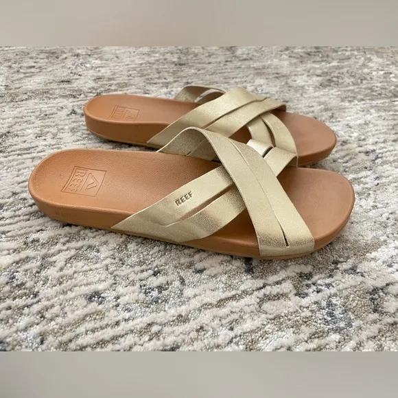 Reef Cushion Spring Bloom Slide Sandals Womens Size 9 Champagne Gold Tan‎