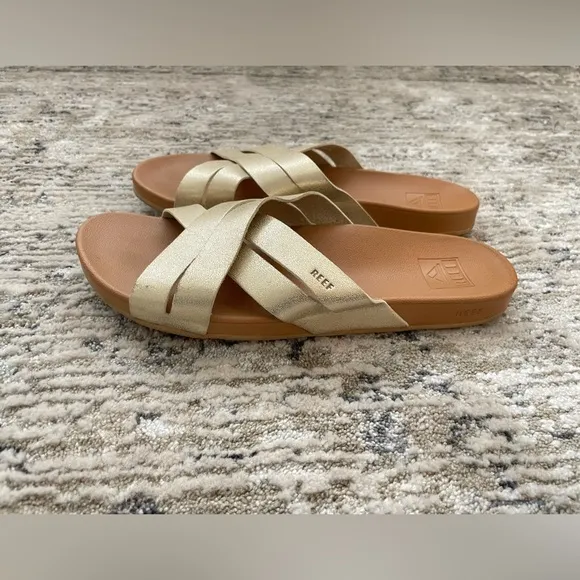 Reef Cushion Spring Bloom Slide Sandals Womens Size 9 Champagne Gold Tan‎