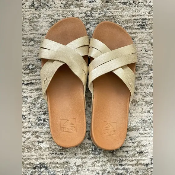 Reef Cushion Spring Bloom Slide Sandals Womens Size 9 Champagne Gold Tan‎