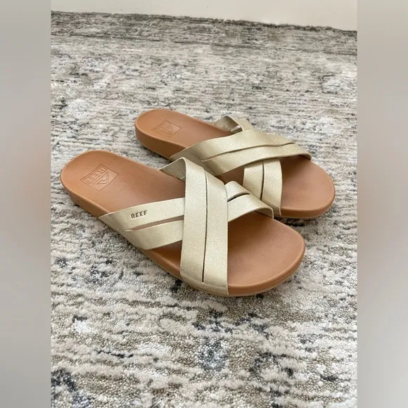 Reef Cushion Spring Bloom Slide Sandals Womens Size 9 Champagne Gold Tan‎