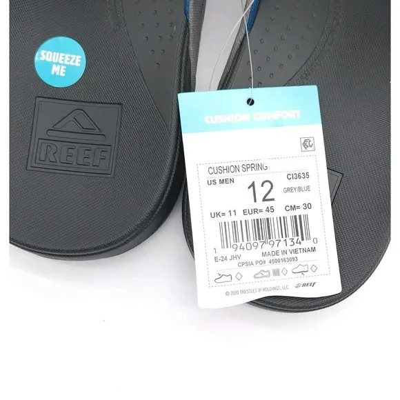 Reef (Mens Size 12) Cushion Comfort Spring Thong Flip Flop Sandals Grey Blue New