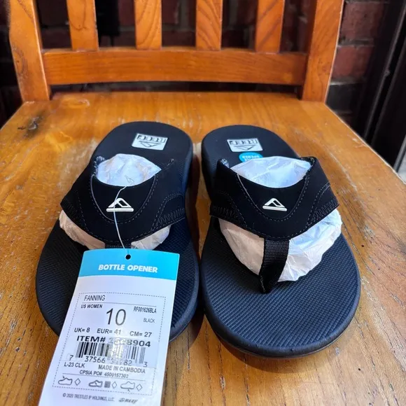 Reef womens Fanning comfort bottle opener flip flops sandals black 10