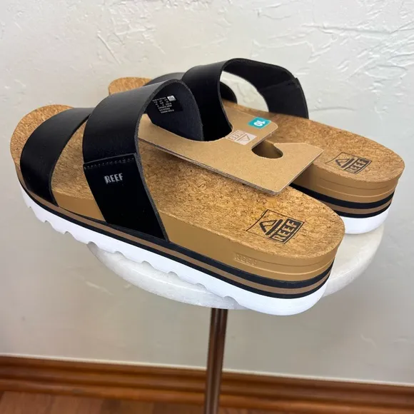 REEF‎ Women's NEW Cushion Vista Hi Sandal Black Leather Flat Slip On Support 10