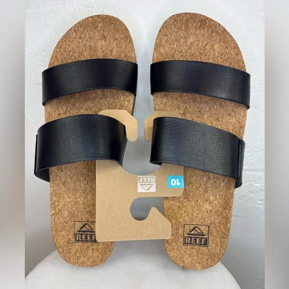 REEF‎ Women's NEW Cushion Vista Hi Sandal Black Leather Flat Slip On Support 10