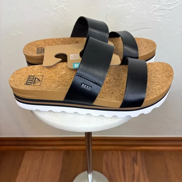 REEF‎ Women's NEW Cushion Vista Hi Sandal Black Leather Flat Slip On Support 10
