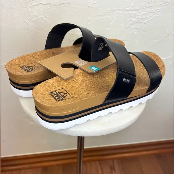 REEF‎ Women's NEW Cushion Vista Hi Sandal Black Leather Flat Slip On Support 10