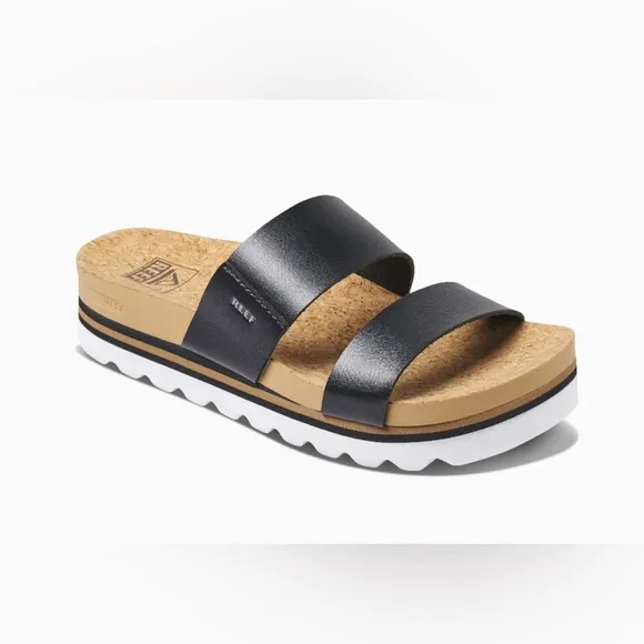 REEF‎ Women's NEW Cushion Vista Hi Sandal Black Leather Flat Slip On Support 10