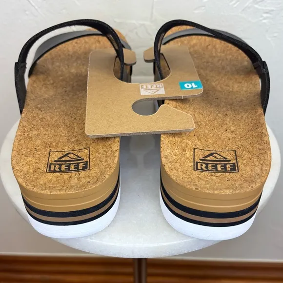 REEF‎ Women's NEW Cushion Vista Hi Sandal Black Leather Flat Slip On Support 10