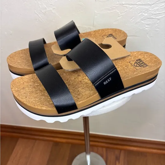 REEF‎ Women's NEW Cushion Vista Hi Sandal Black Leather Flat Slip On Support 10