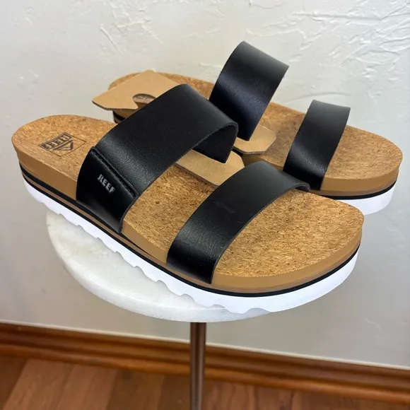 REEF‎ Women's NEW Cushion Vista Hi Sandal Black Leather Flat Slip On Support 10