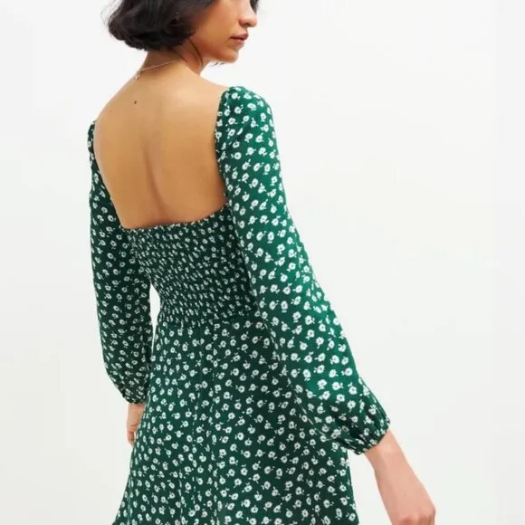 Reformation Green White Floral Bustier Long Sleeve Faux Wrap Mini Dress Size 4P