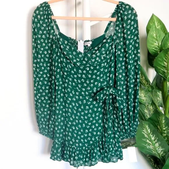 Reformation Green White Floral Bustier Long Sleeve Faux Wrap Mini Dress Size 4P