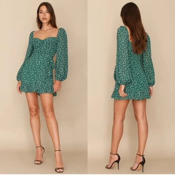 Reformation Green White Floral Bustier Long Sleeve Faux Wrap Mini Dress Size 4P