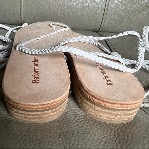 Reformation Jeanne Breaded Leather Strap Sandals Sz 8.5 Gladiator White Boho