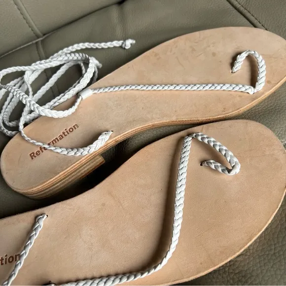 Reformation Jeanne Breaded Leather Strap Sandals Sz 8.5 Gladiator White Boho