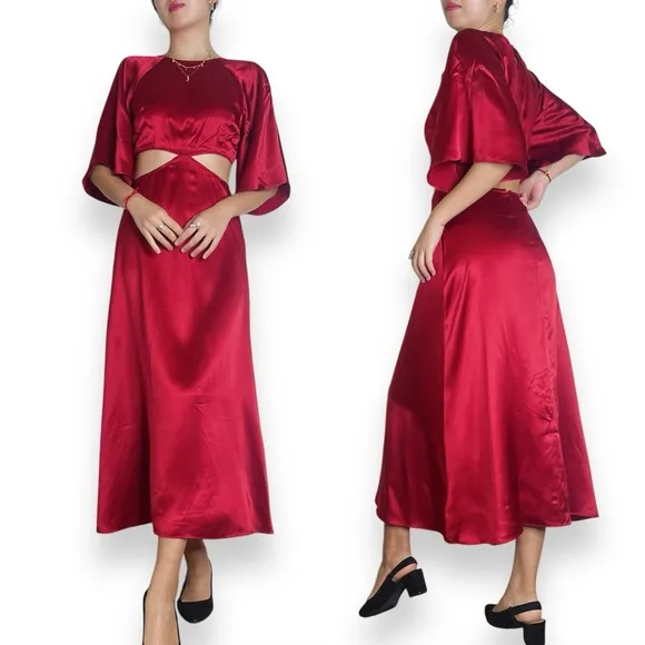 Reformation Noemi Cutout Silk Midi Dress In Crimson Red Size 2