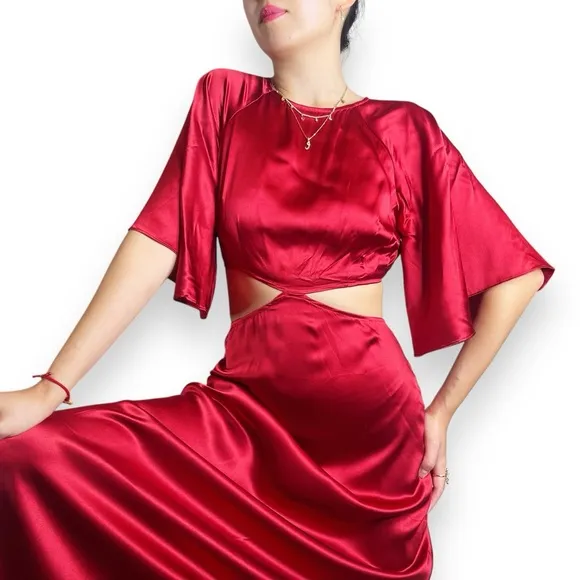 Reformation Noemi Cutout Silk Midi Dress In Crimson Red Size 8
