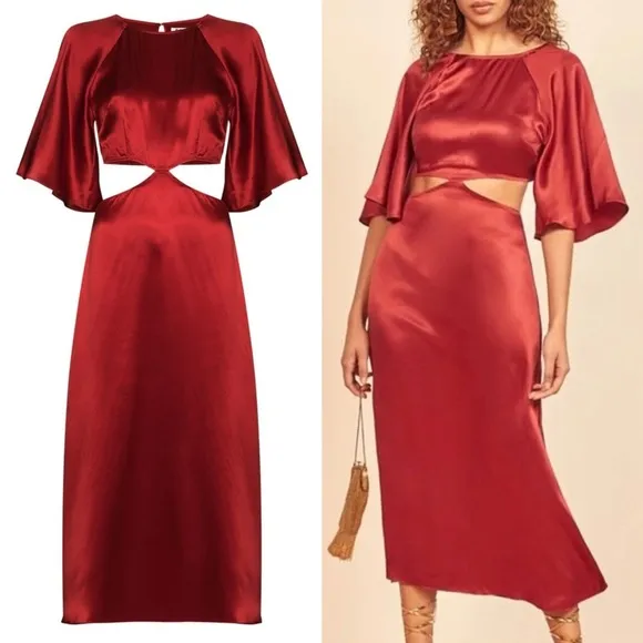 Reformation Noemi Cutout Silk Midi Dress In Crimson Red Size 8