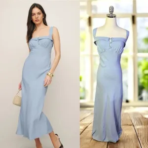 REFORMATION Tancy Midi Maxi Dress in Light Blue Viscose Size 12