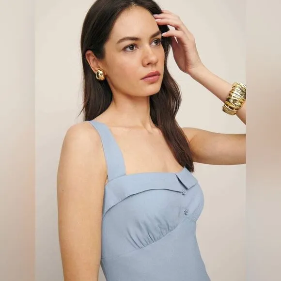 REFORMATION Tancy Midi Maxi Dress in Light Blue Viscose Size 12