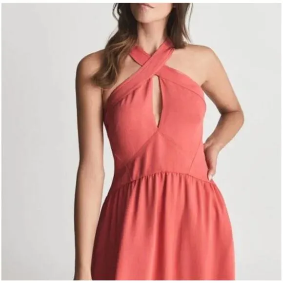 Reiss Orla Cross Front Halter Neck Midi Dress in Coral Pockets Size 10