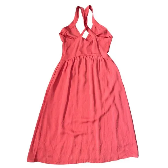 Reiss Orla Cross Front Halter Neck Midi Dress in Coral Pockets Size 10