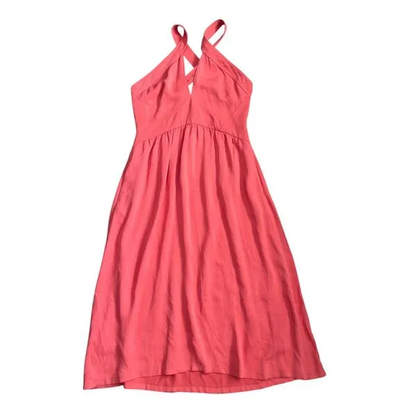 Reiss Orla Cross Front Halter Neck Midi Dress in Coral Pockets Size 10