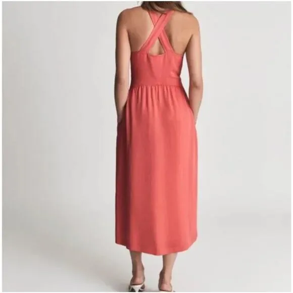Reiss Orla Cross Front Halter Neck Midi Dress in Coral Pockets Size 10