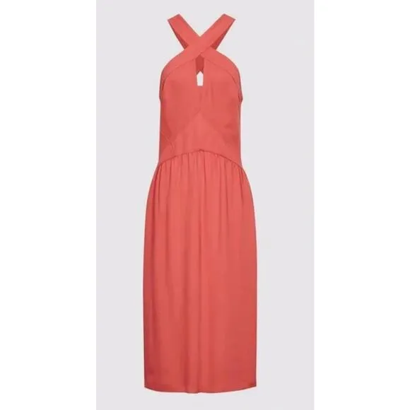Reiss Orla Cross Front Halter Neck Midi Dress in Coral Pockets Size 10