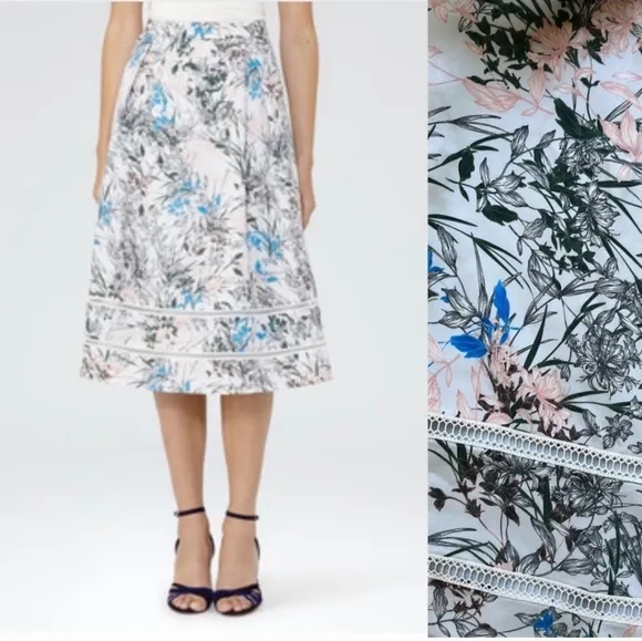 REISS Rennie 100% Silk Floral Midi Skirt Women Lace Inset Lined Size 8
