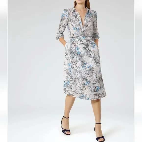 REISS Rennie 100% Silk Floral Midi Skirt Women Lace Inset Lined Size 8