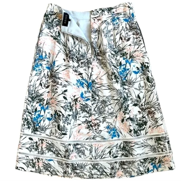 REISS Rennie 100% Silk Floral Midi Skirt Women Lace Inset Lined Size 8