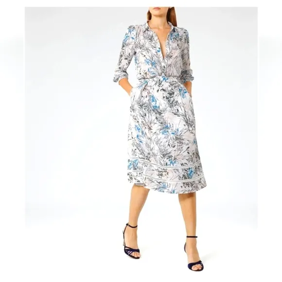 REISS Rennie 100% Silk Floral Midi Skirt Women Lace Inset Lined Size 8