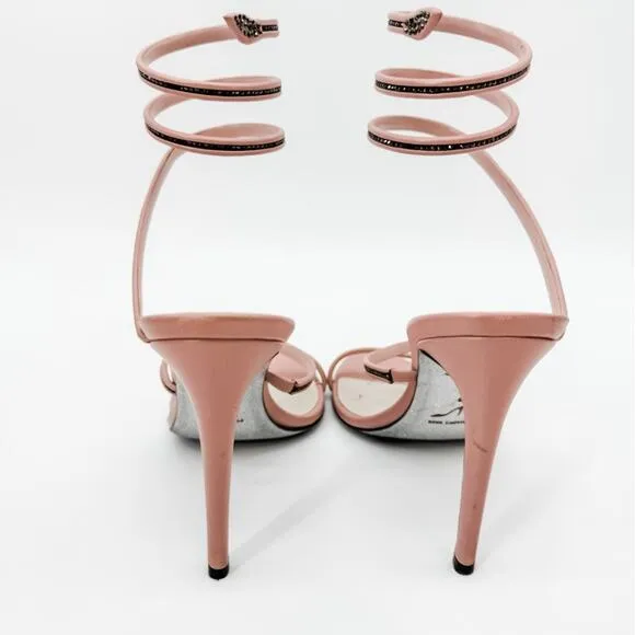 Rene Caovilla Heels Wrap Crystal 38.5 Pink High Sandals Embellished Box Beaded